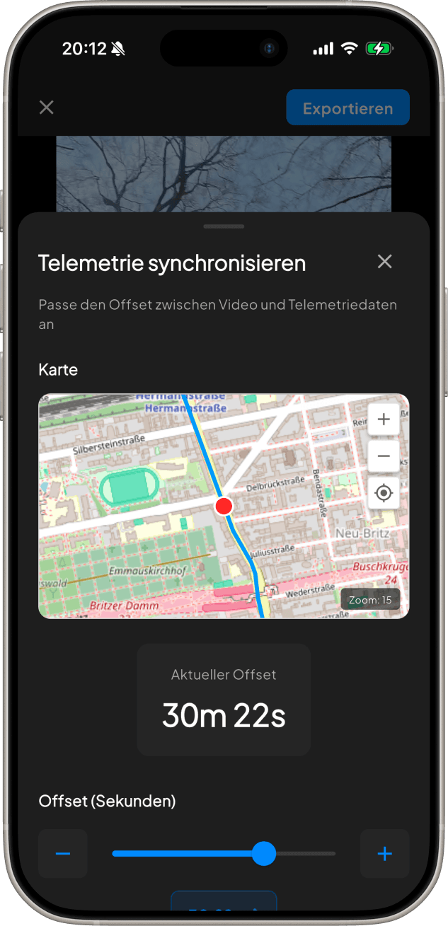 Motion Studio sync slider showing a negative offset applied to telemetry data