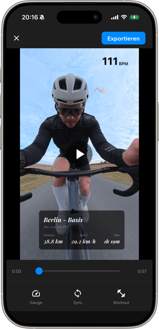 iPhone showing BeInMotion with telemetry overlays on a cycling video